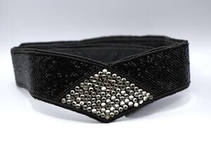 Vintage 1970s–1980s Black Beaded Rhinestone Belt Statement Waist Belt Size 26
